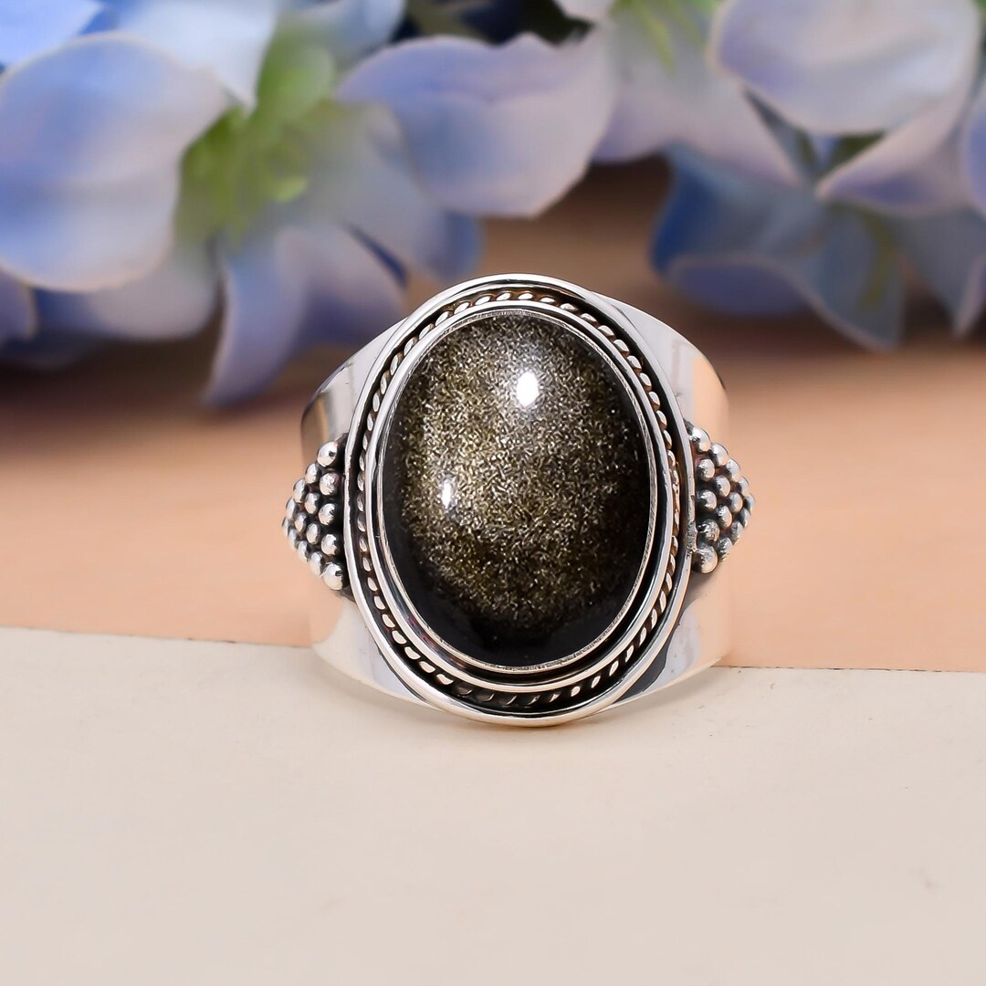 Golden Sheen Obsidian Ring: Oval Gemstone, 925 Sterling Silver ...