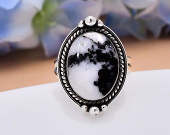 Natural White Buffalo Turquoise Gemstone 925 Sterling Silver Ring Adjustable Ring Gemstone Jewelry Birthday Valentine&#39;s Day Gift For Friends