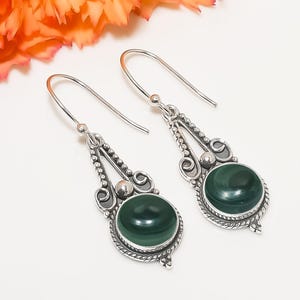 Green Malachite Earring, 925 Sterling Silver Earring, Gemstone Earring, Drop Dangle Earring, Handmade Earring, Birthday Gift For Sister.