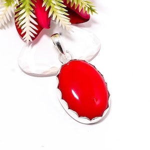 925 Sterling Silver Pendant, Red Coral Pendant, Gemstone Pendant, Elegant Pendant, Handmade Pendant, Birthday Jewelry Gift For Mother.
