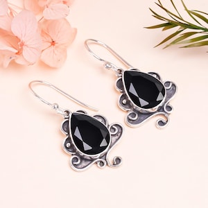 925 Sterling Silver Earring, Black Onyx Gemstone Earring, Flower Earring, Handmade Earring, Elegant Earring, Oxidize Earring, Wedding Gift.