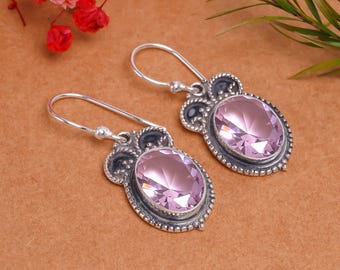 Pink Kunzite Sterling Silver Earrings: Oval Gemstone Dangle