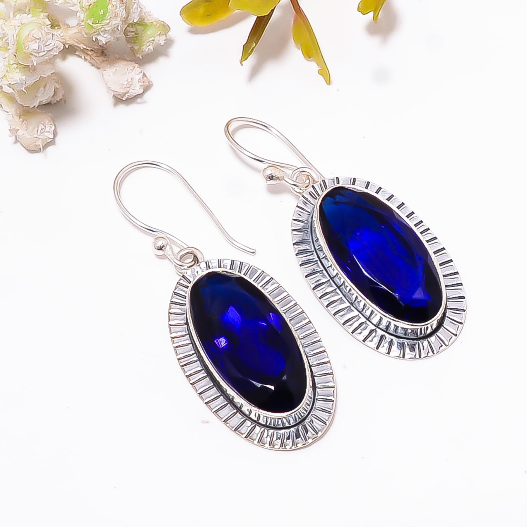 Blue Sapphire Sterling Silver Earrings: Oxidized Gemstone, Wedding