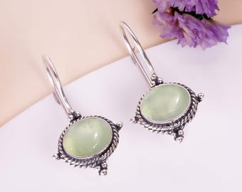 Pendientes de plata de ley 925 con gema de prehnita verde natural: Joyería colgante hecha a mano