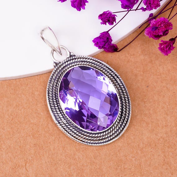 Pendentif Alexandrite 5 Carats Ovale En Argent Sterling 925 - Pierre Changeante Violette - Collier 18 Pouces - Neuf Fait Main