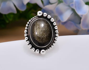 Natural Golden Sheen Obsidian Gemstone 925 Sterling Silver Ring Adjustable Ring,Valuable Beautiful Jewelry, Valentine&#39;s Day Gift For Friends