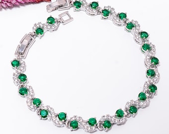 Chrome Diopside Bracelet: 925 Sterling Silver Cz Green Gemstone Round Shape Jewelry