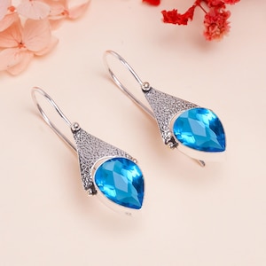 925 Sterling Silver Earring, Blue Topaz Gemstone Earring, Drop Dangle Earring,   Handmade Earring, Elegant Earring, Anniversary Gift For Her