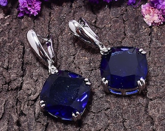 Pendientes de plata de ley 925 con zafiro azul: Regalo de joyería nupcial con moissanita cuadrada