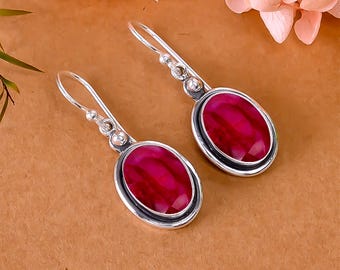 Red Ruby Sterling Silver Dangle Earrings: Handmade Gemstone Jewelry