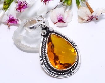 Citrine 925 Sterling Silver Pear Pendant - Handmade Elegant Gemstone Jewelry