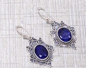 Blue Sapphire Sterling Silver Dangle Earrings: Oxidized Handmade Jewelry