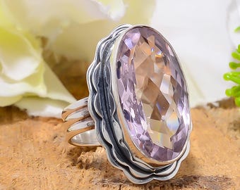 クンツァイトリング、925ソリッドスターリングシルバーリング、メンズ