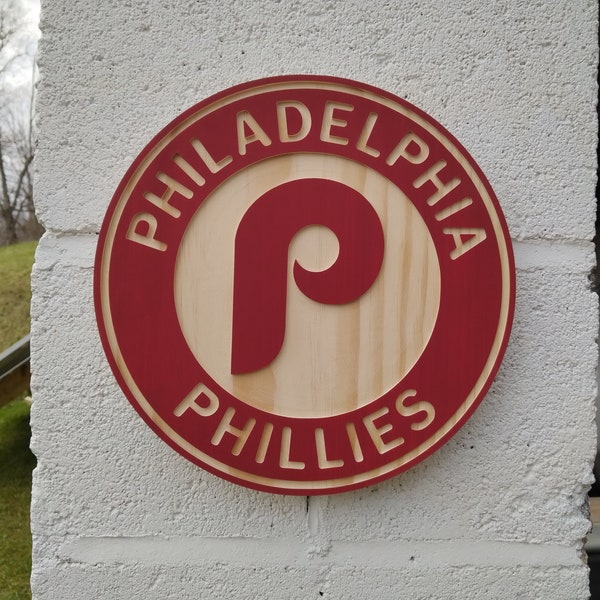 Philadelphia Phillies retro logo 11" round carved and hybrid painted/natural grain wood wall hanging sign