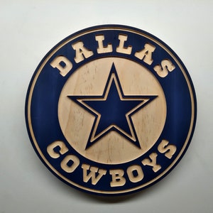 Dallas Cowboys football round wood wall hanging sign engraved/cut and hybrid natural finish/hand painted