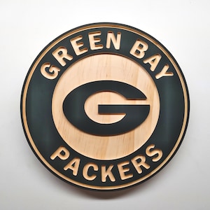 Green Bay Packers round carved and hybrid painted/natural grain wood wall hanging sign