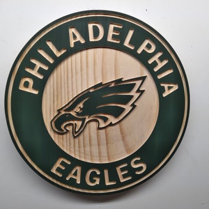 Philadelphia Eagles 11&quot; round carved and hand painted/hybrid natural grain wood wall hanging sign