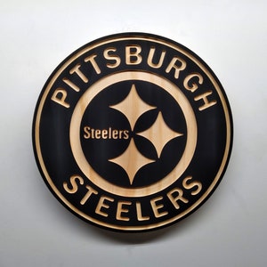 Pittsburgh Steelers carved wood wall hanging sign (11 inches round hybrid painted/natural wood grain)