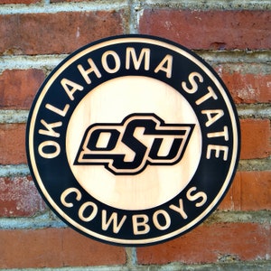 Oklahoma State Cowboys (OSU) carved wood wall hanging sign (11&quot; round hybrid painted/natural wood grain)