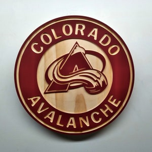 Colorado Avalanche carved wood wall hanging sign (11 inch round hybrid paint/natural wood grain)