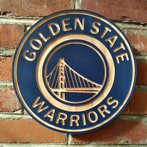 Golden State Warriors 11&quot; round hybrid painted/natural grain carved wood wall hanging sign
