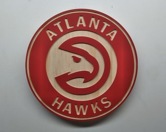 Atlanta Hawks carved and hand painted/hybrid natural grain wood wall hanging sign (11" round)