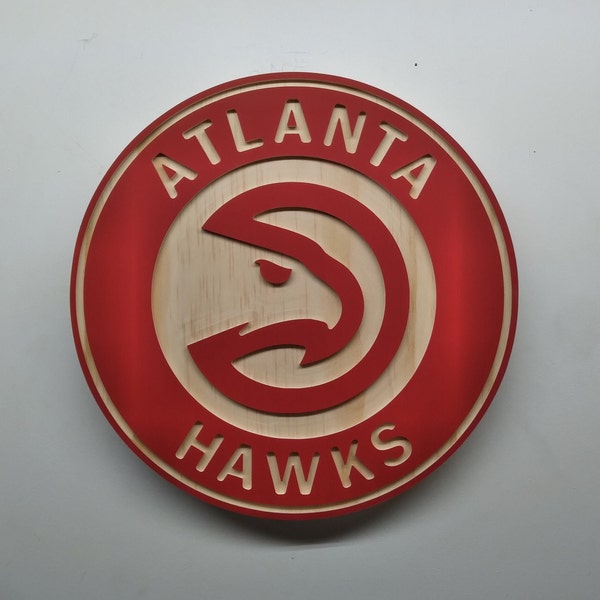 Atlanta Hawks carved and hand painted/hybrid natural grain wood wall hanging sign (11" round)