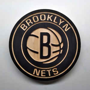 Brooklyn Nets baseketball carved wood wall hanging sign (11" round hybrid painted/natural grain)