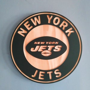 New York Jets carved and hybrid painted/natural wood wall hanging sign NY Jets (11" round)
