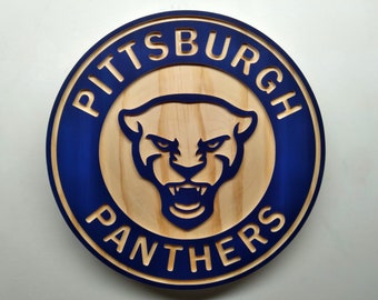 Pittsburgh (Pitt) Panthers carved wood wall hanging sign (11 inch round hybrid painted/natural wood grain)