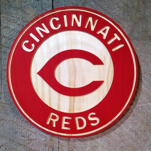 Cincinnati Reds baseball carved and hybrid painted/natural wood wall hanging sign (11" round)