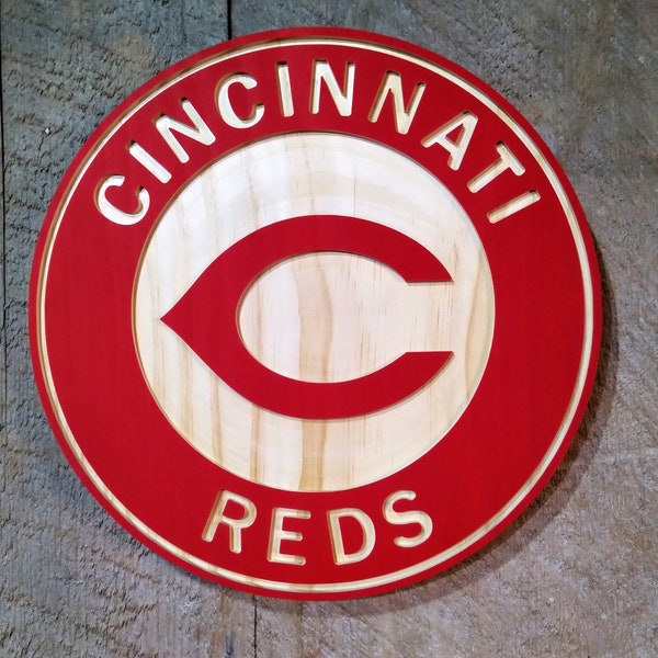 Cincinnati Reds baseball carved and hybrid painted/natural wood wall hanging sign (11" round)