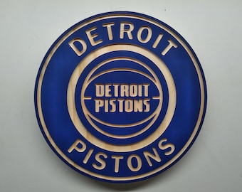 Detroit Pistons carved and hybrid painted/natural grain wood wall hanging sign (11" round)