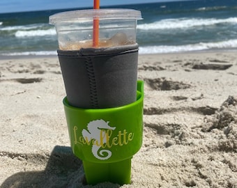 Personalized Spiked Beach Cup and Phone Holders Custom with Name, Monogram, Town, Turtle, Crab, Palm Tree, Anchor, Seashorse, Starfish, etc.