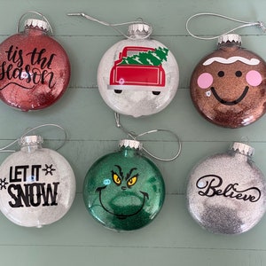 Custom Disc Ornaments filled with glitter or crinkle paper. Quarantine, Baby, I Do, New Home, Gingerbread, Red Truck and more
