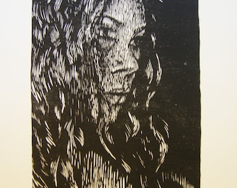 Portrait of girl, woodcut print, printmaking, candlelit portrait