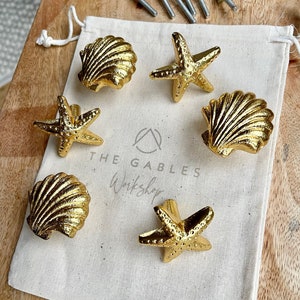 Set of 6 - Nursery Furniture Upcycle Seaside Collection Shell and Starfish Drawer Cupboard Cabinet  Knob in Vibrant Gold