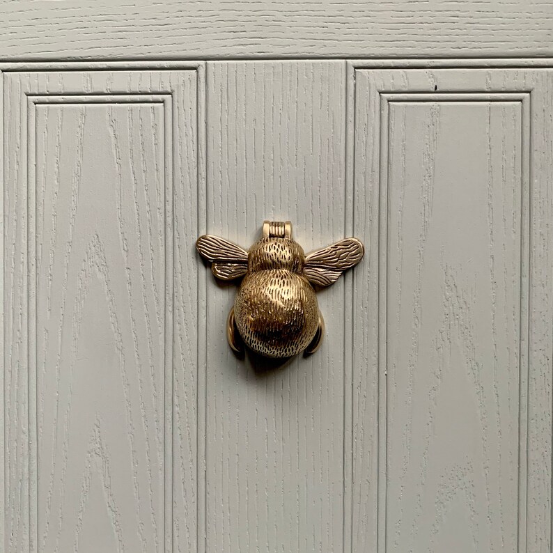 May include: A gold bee-shaped door knocker on a white wooden door.