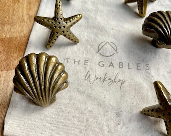 Seaside Nursery Knobs: Vintage Brass Shell & Starfish - Set of 6