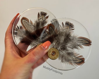 Feather Coaster with Cartridge - unique, bespoke Pheasant /partridge feather, gifts him her, shooting gift, birthday, Dad, Father’s Day