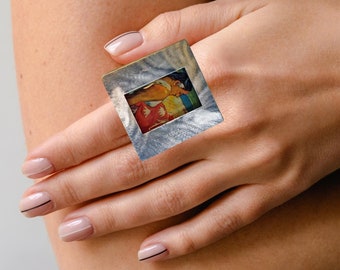 Unique ring-  Paul Gauguin-Women from Tahiti ring recycled slide and postage stamps/limited edition/Resin Ring/Gift for Women