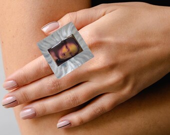 Mona Lisa-Ring recycled slide and postage stamps/limited edition/Inspired Ring/Resin Ring/Gift for Women