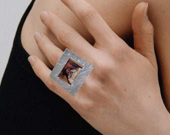 Unique ring- Diego Velázquez- The Infanta-Meninas ring recycled slide and postage stamps/limited edition/Resin Ring/Gift for Women