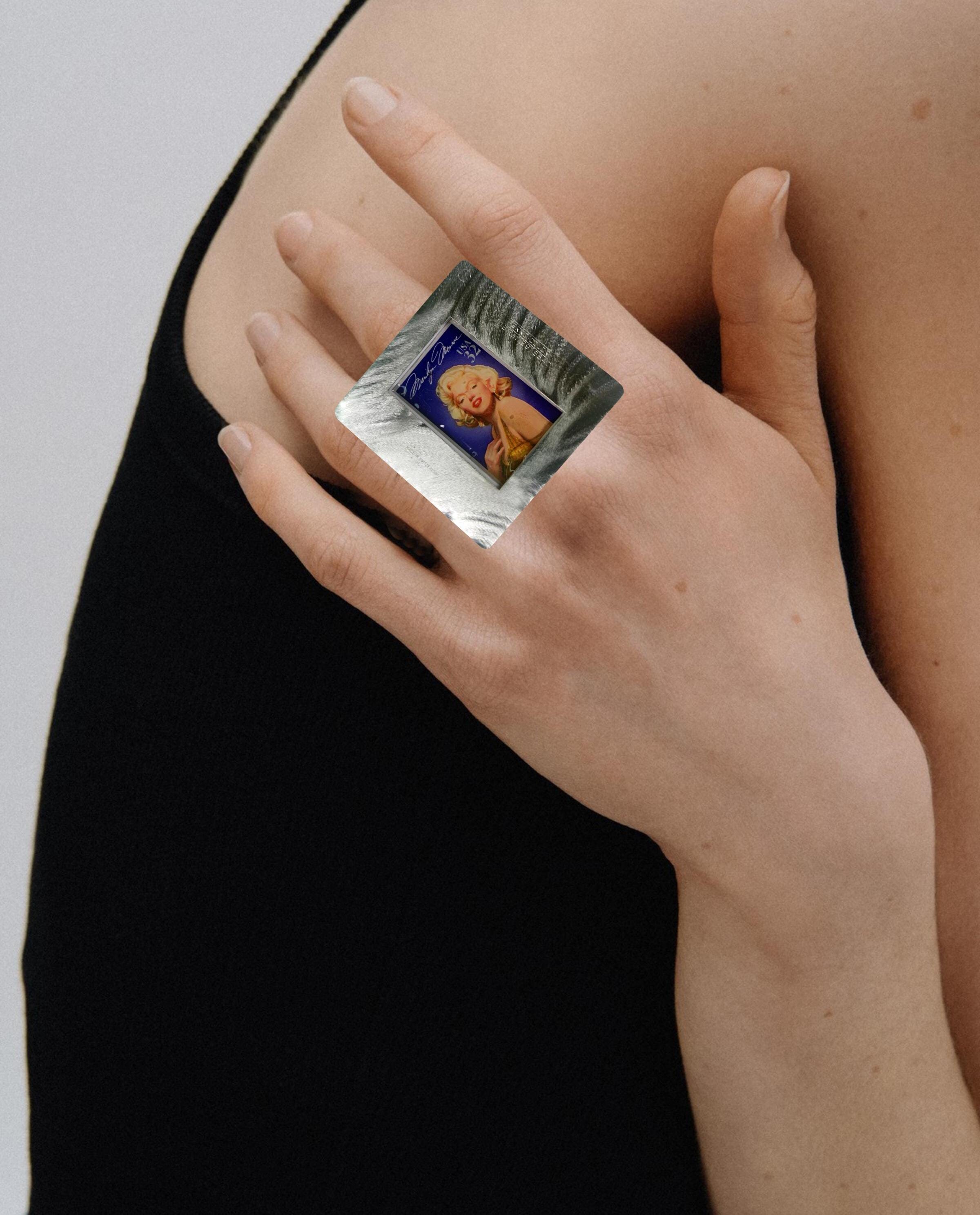 Unique ring- Marilyn Monroe ring recycled slide and postage stamps/limited edition/Inspired Ring/Resin Ring/Gift for Women