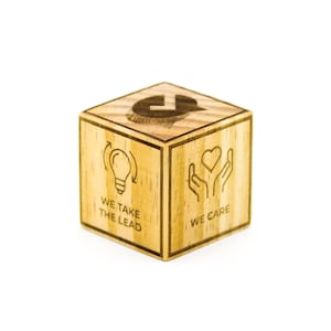 Op de afbeelding: Een houten kubus met gegraveerde afbeeldingen en tekst. Eén kant toont een gloeilamp met de tekst "WE TAKE THE LEAD", en een andere kant toont een hart in handen met de tekst "WE CARE". De bovenkant heeft een logo.