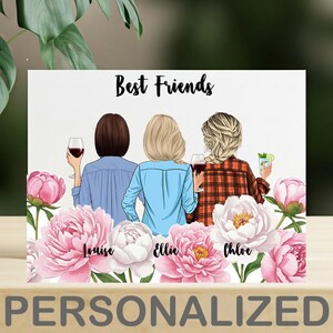 Custom Best Friends Card with Peonies - Personalized Friendship Gift - Cute Besties Greeting Card for Birthday, BFF Keepsake