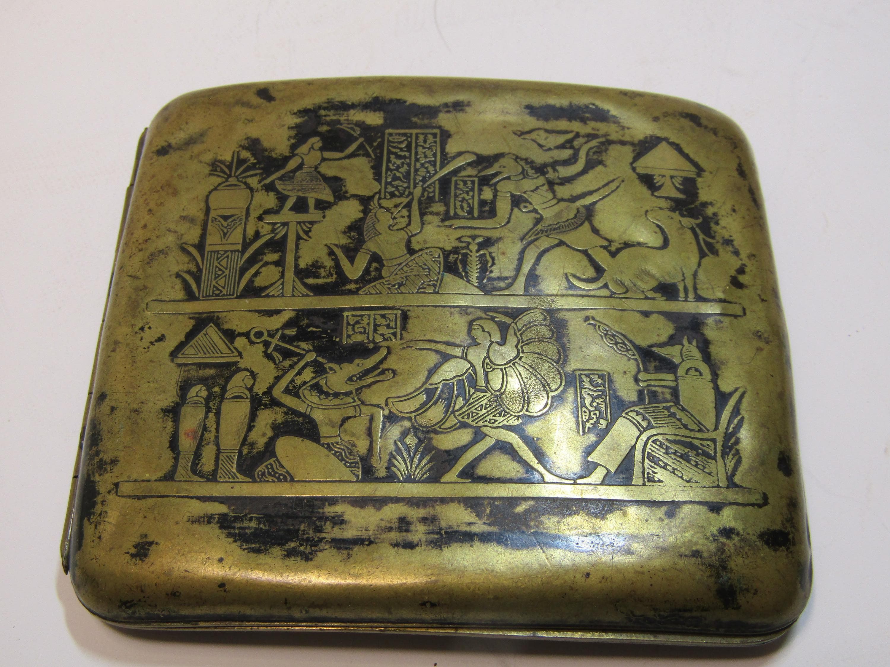 Japanese Antique Komai 駒井 象嵌シガレットケース Vintage Gold Brass Cigarette Case - Egytian or Japanese -VINTAGE