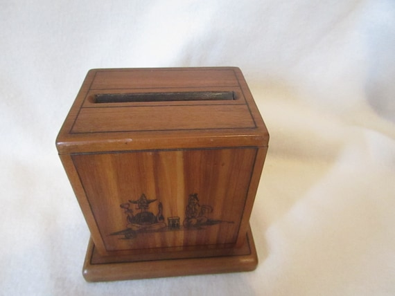 vintage wooden cigarette holder Vintage Wooden Cigarette Box – 1950s Retro Dispenser, Hand-painted Scenes