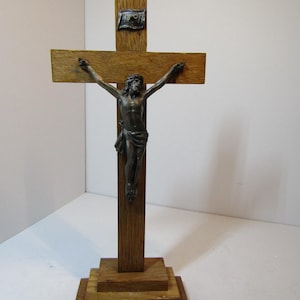 Vintage Large Crucifix - French Wooden Cross with Our Lord at Crucifixion -