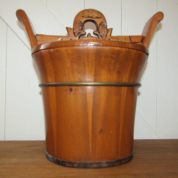 Oriental Rice Bucket - Vintage - Hand Carved Top handle. Unique, Unusual